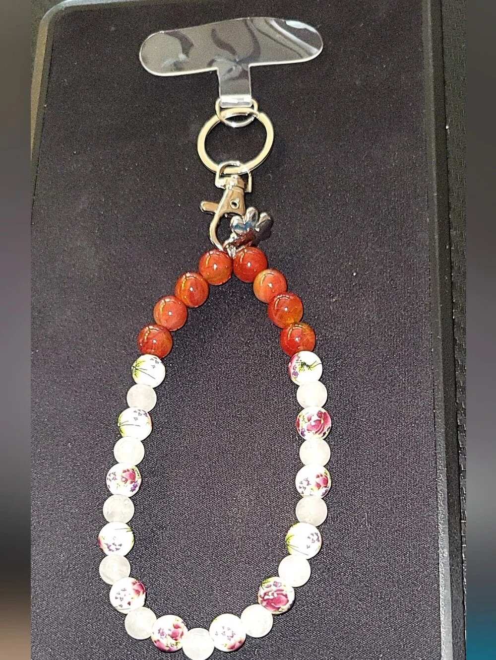 Handmade Beaded Wrist Phone Lanyard Floral Ceramic & Red Agate Style Keychain